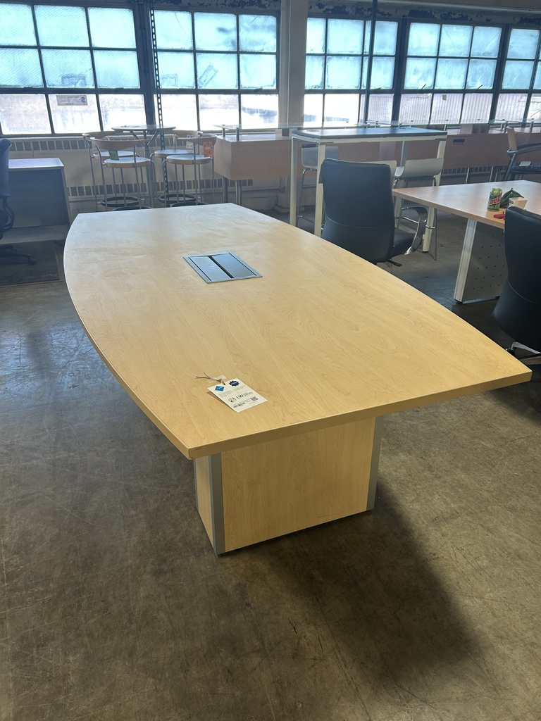 8' Enwork Boat Shaped Conference Table - American Elm w/Power & Panel Base (Aluminum Trim)