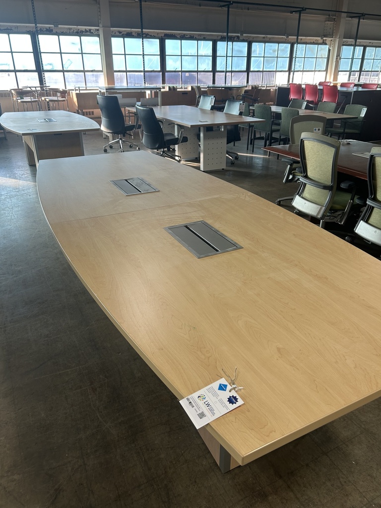 10' Enwork Boat Shaped Conference Table - American Elm w/Power & Panel Base (Aluminum Trim)