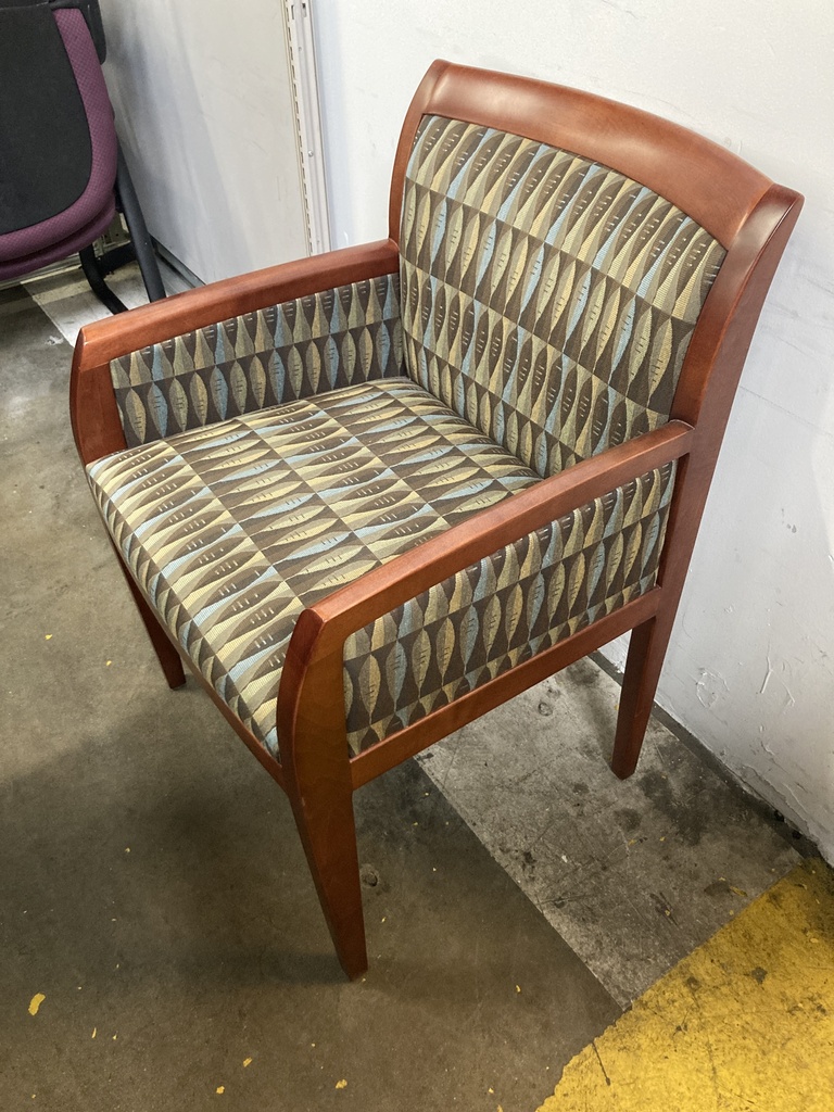Blue and Green Pattern Arm Chair Cherry Frame 
