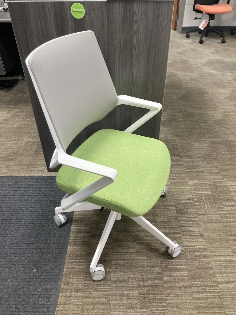 SOI Mavic Conference chair, white frame, grey mesh, green fabric seat, with fixed arms