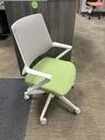 SOI Mavic Conference chair, white frame, grey mesh, green fabric seat, with fixed arms