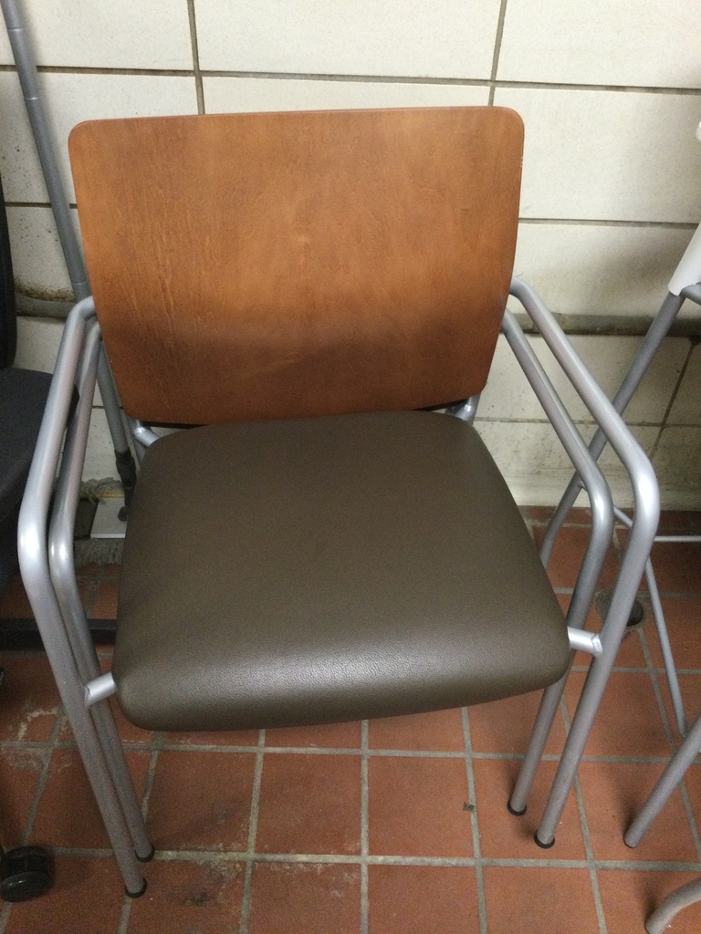 Wood Back Stack Chair w/Brown Cushion - Silver Arms