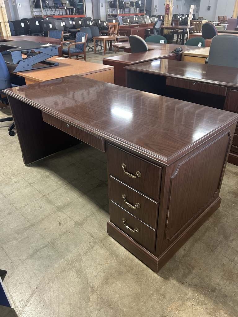 30x66 Traditional Desk /Single BBF Ped - Walnut (some trim pieces missing)
