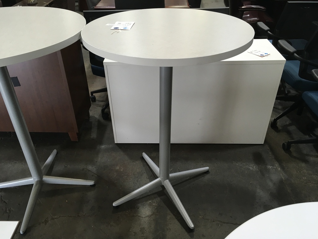 30" Round Breakroom Cafe Height Silver Legs White Pattern Top