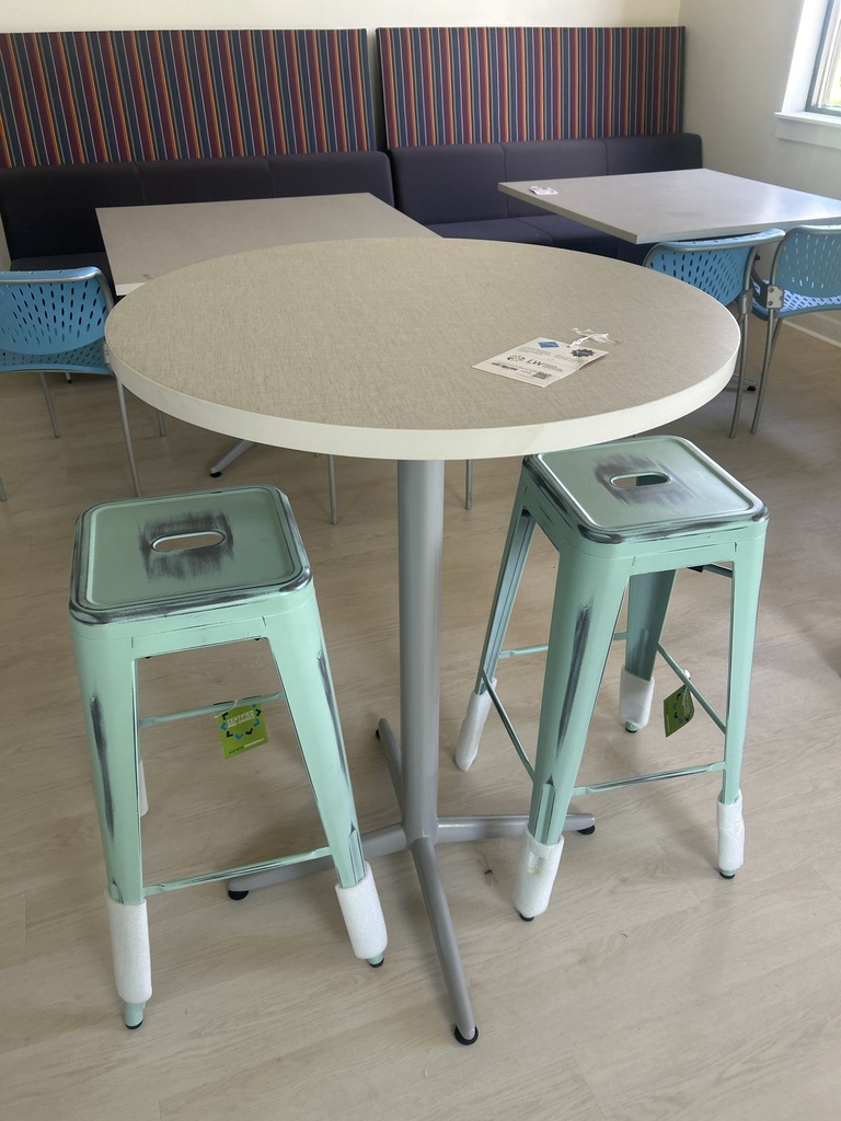 30" Round Breakroom Cafe Height Silver Legs White Pattern Top