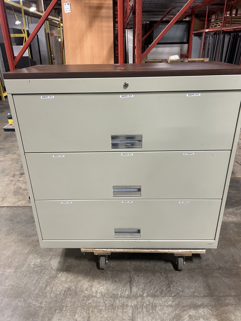 42" 3 Drawer Lateral - Putty w/Oak Top