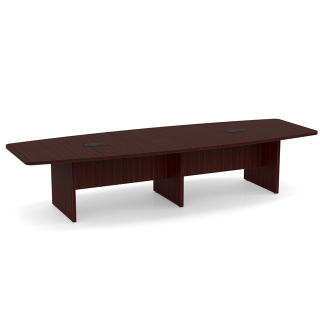 12' Boat Shaped Conf Table with Slab Base, w/ two grommets, mahogany laminate COE