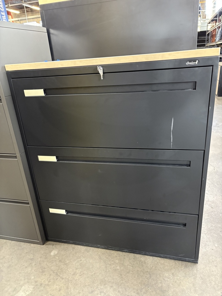 Teknion 3-Dr 36"w Lateral file in Black, with Maple laminate top
