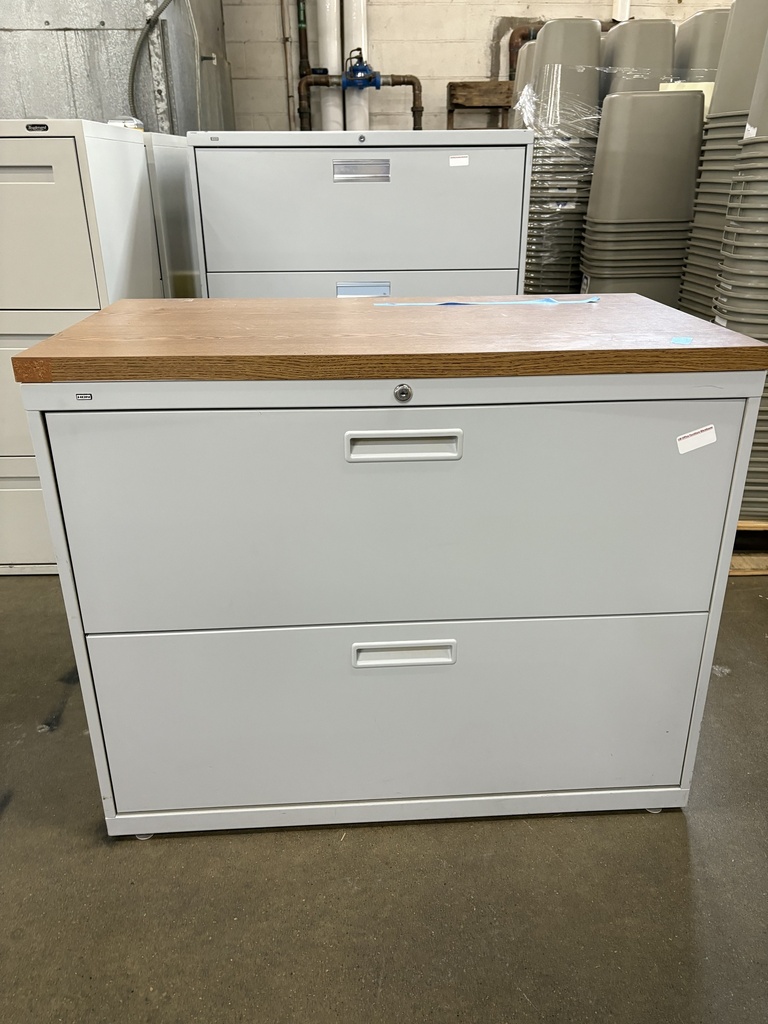 Hon 2-Dr Lateral file, 36" wide, light grey, with oak laminate top
