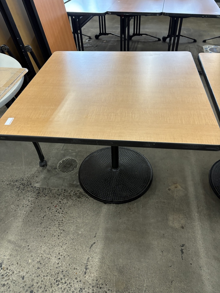 42" square breakroom table, nuetral top, black disc base