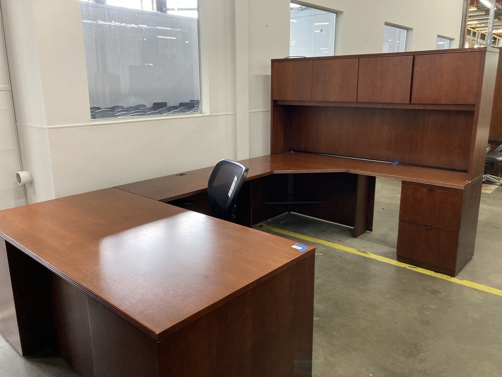 OFS dbl ped BBF and FF 36”x72” U group desk with hutch cherry 