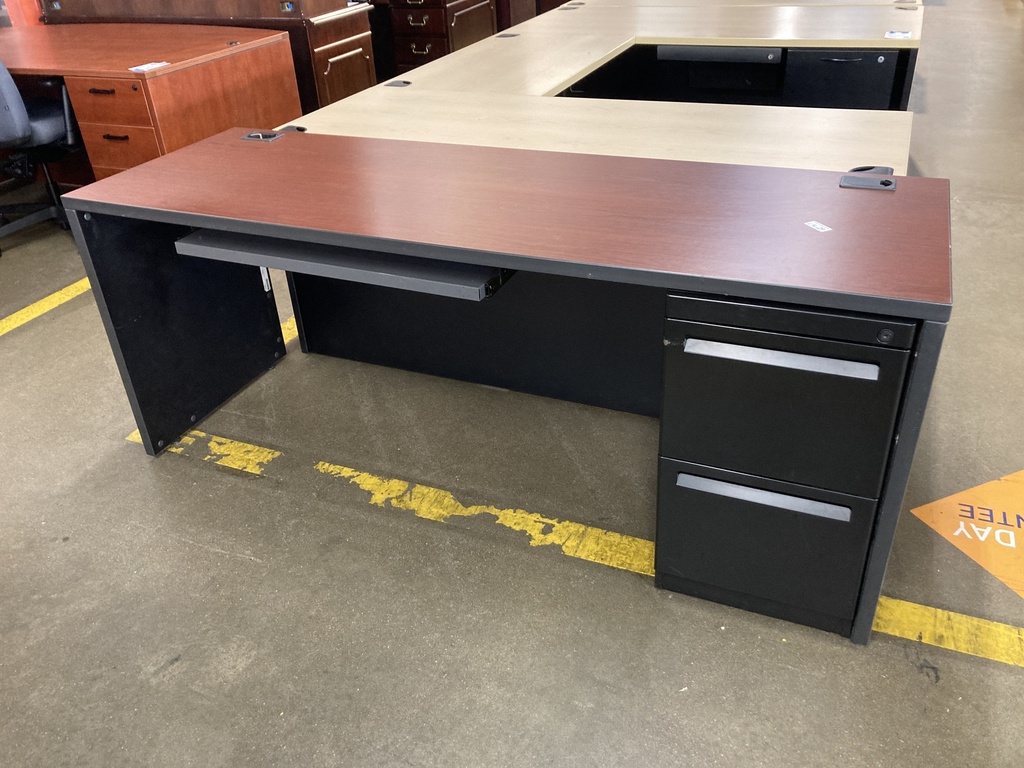 Storage credenza sgl ped FF 24”x72” mahogany top black shell with keyboard tray 