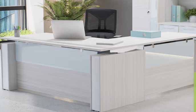 72" L-Shaped Sit Stand with Glass Modesty Panel- Blanc de Gris
