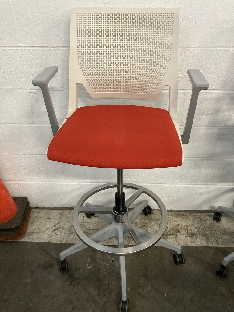 Haworth Very Stool on Casters, Fixed Arms, White and Orange 