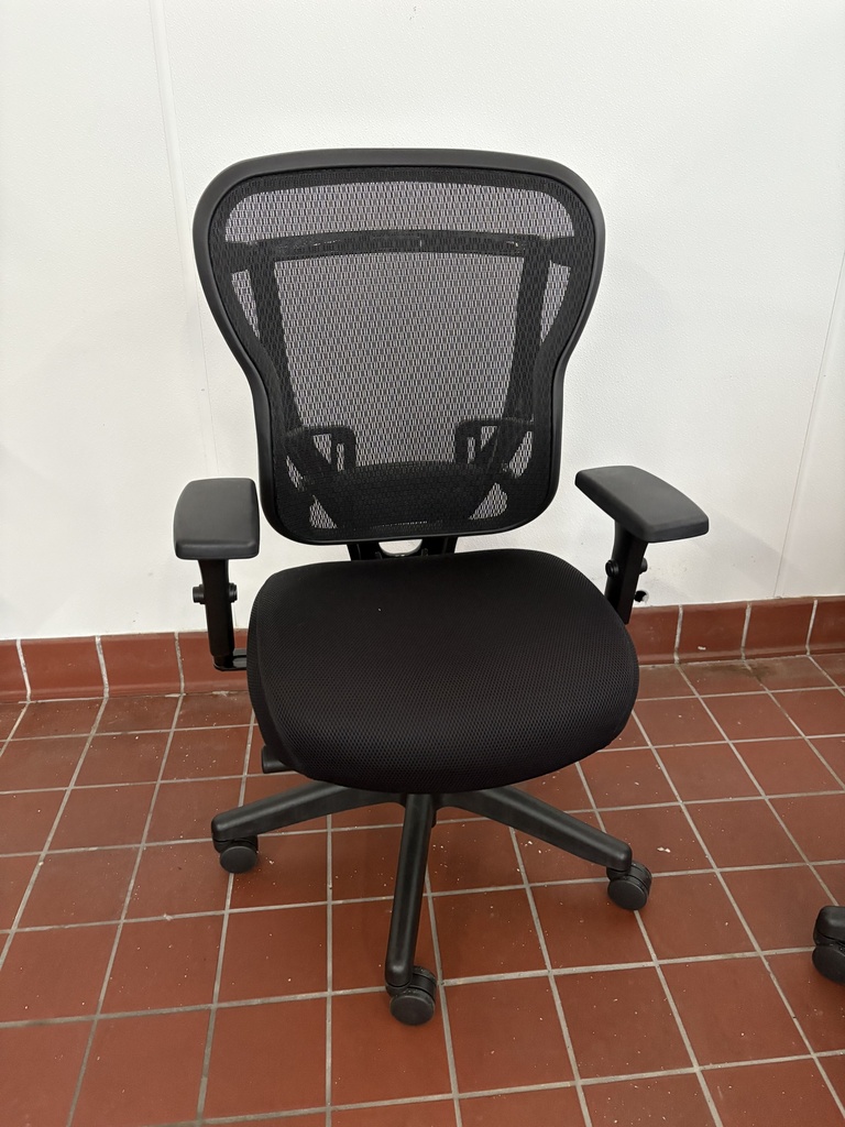 Black Task chair, mesh back, black fabric seat, adjustable arms, black frame