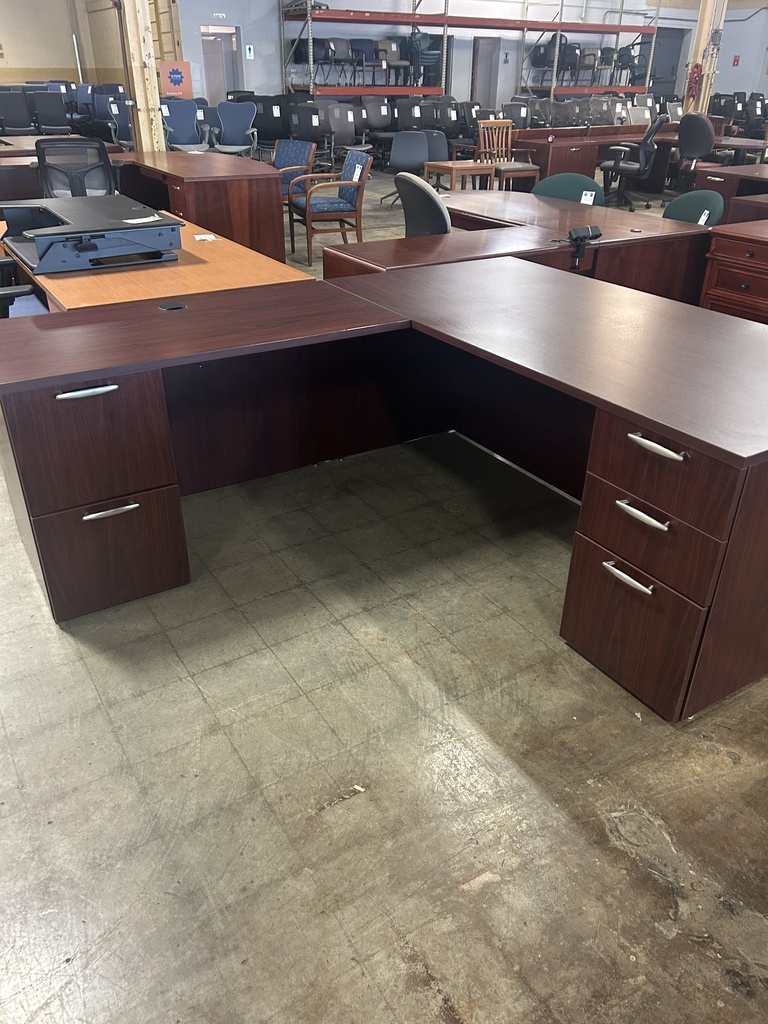 72x74 LH L Shape Desk / Dbl Full Ped - Mahogany 