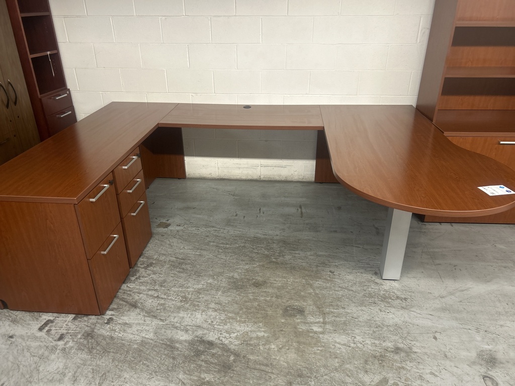 72x102 Kimball U Shape, LH,  P-Top Desk, Dbl Ped, Cherry 
