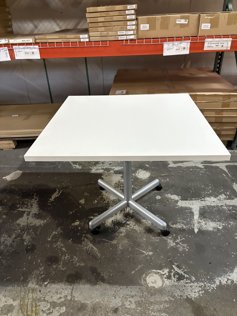 36” Versteel Square Meeting Table, White, on Casters, silver base
