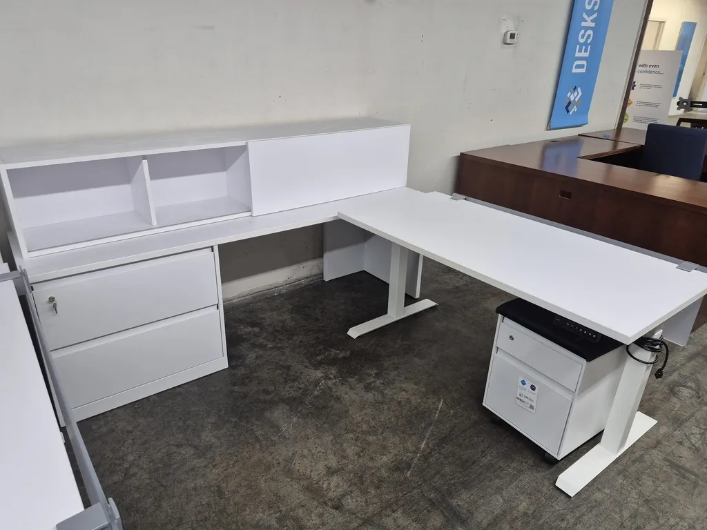 Steelcase L-Shaped Executive Workstation- LH – 59" Sit Stand Desk + 84" Credenza - White  