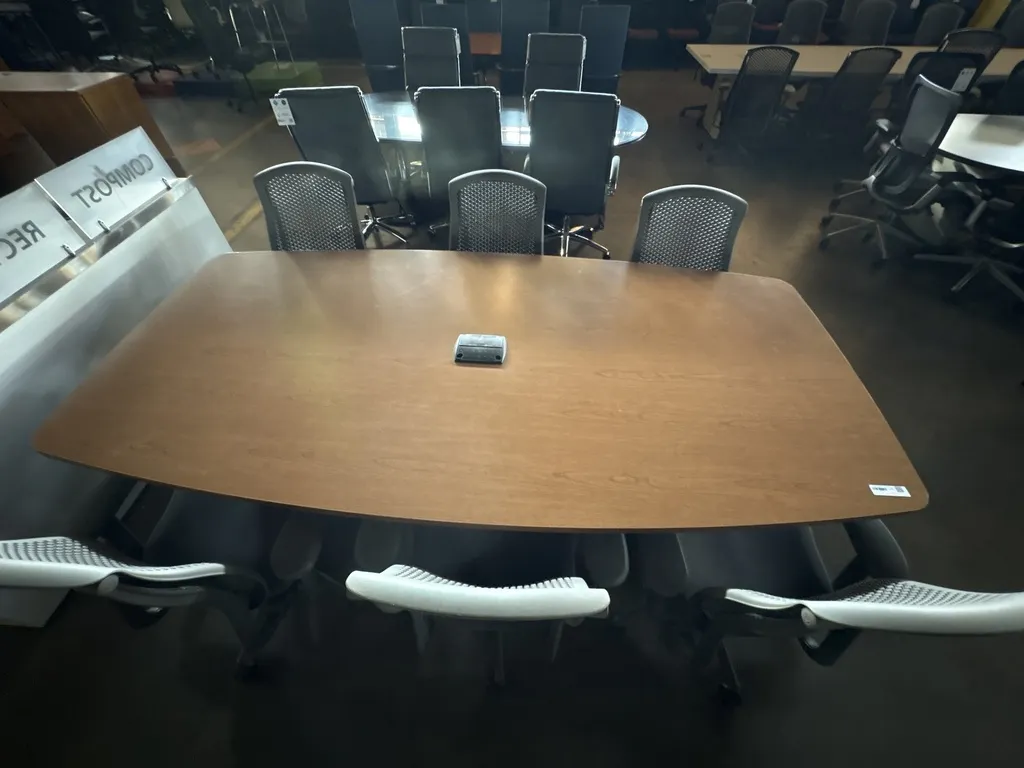 48" x 96" Boatshape Conf. Table, Bourbon Cherry laminate, , Cylinder bases, 1 black Power Module