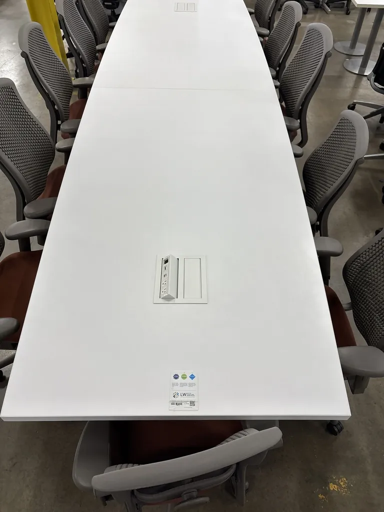 14’ boatshape conference table w/ power modules, white lam. top, birch rectangle bases 168”x48”