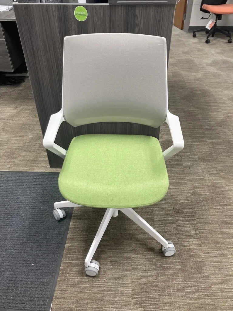SOI Mavic Conference chair, white frame, grey mesh, green fabric seat, with fixed arms