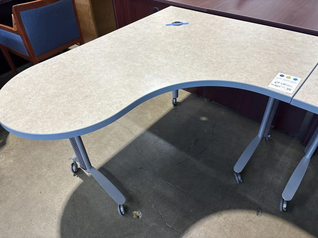 54" X 42" X 24" Left Corner Cove Table desk, on Casters, Pattern Laminate, Silver Vela bases
