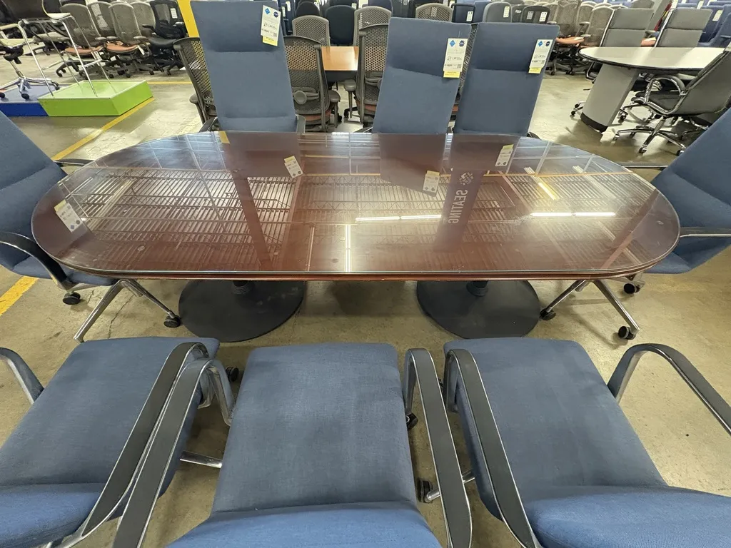 42"X96" Racetrack Conference table, Mahogany veneer, incl Glass top, black trumpet style bases