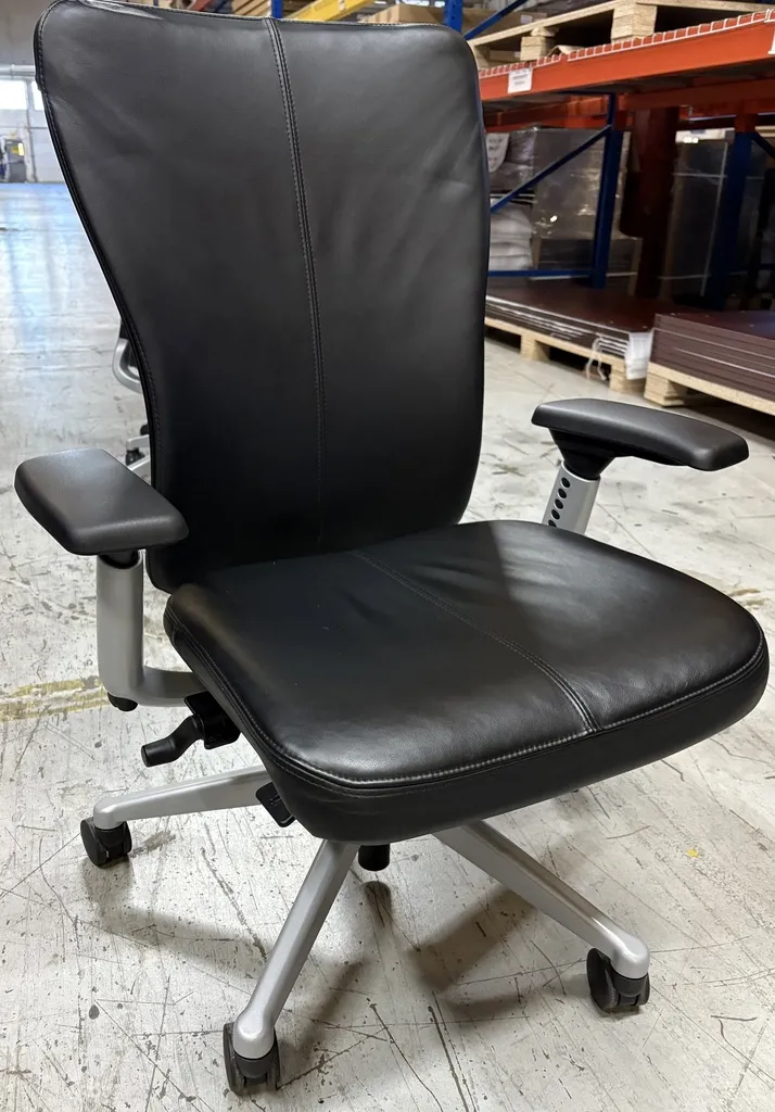 Haworth Zody Ergonomic work chair, Black Leather seat & back, Silver frame & base (including lumbar)