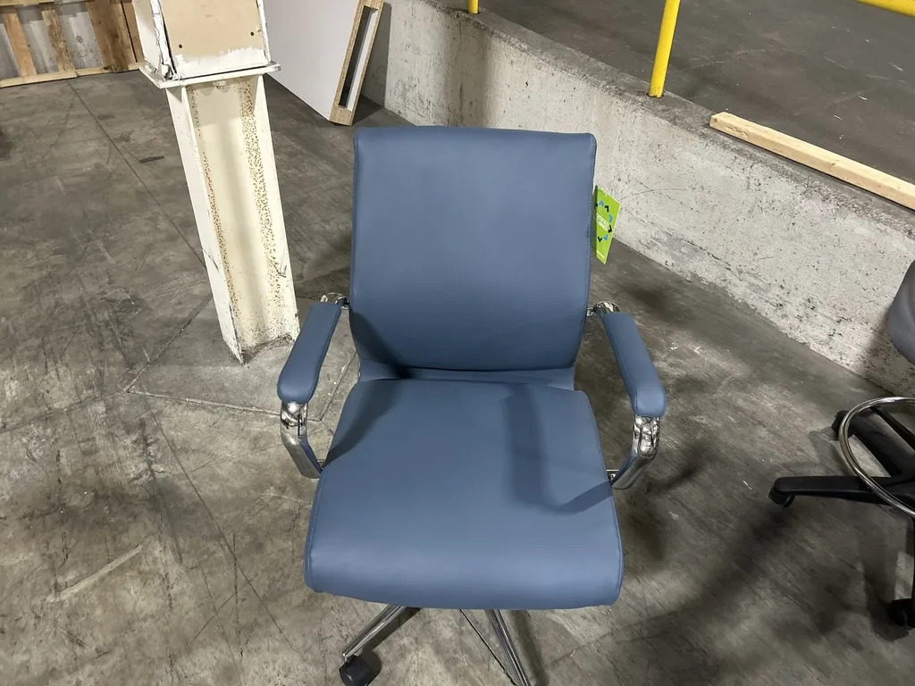OS-Blue Vinyl Mid Back w/ Loop Arms and Chrome Frame