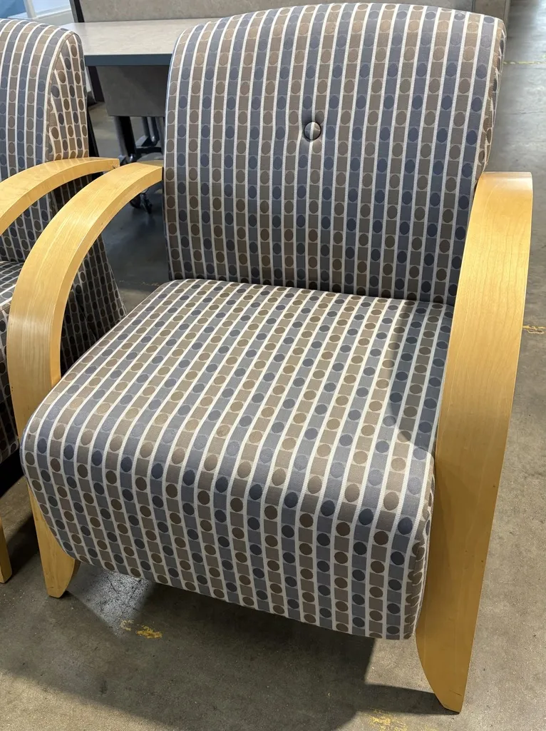 Krug Lounge chair, Maple frame, geometric fabric pattern