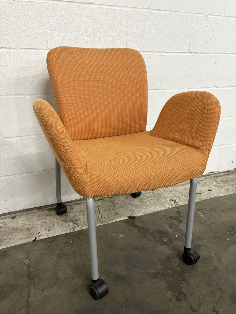 Guest Chair on Casters, with arms, casters, Orange fabric, Silver frame