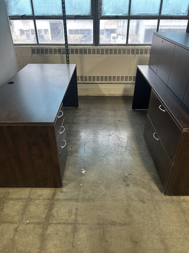 Steelcase 30x72 Mocha Single Ped BBF w/Dbl Lateral Credenza & Overhead Wall Mount