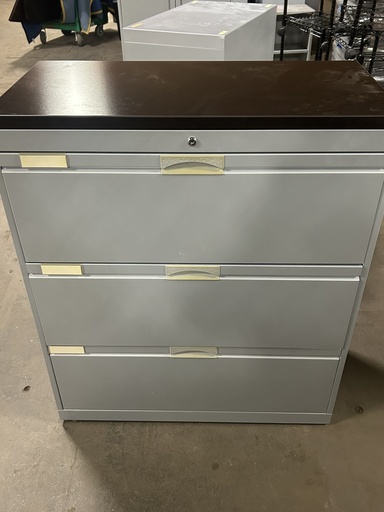Gray Boulevard 36” 3-Drawer Lateral w/Mocha Top