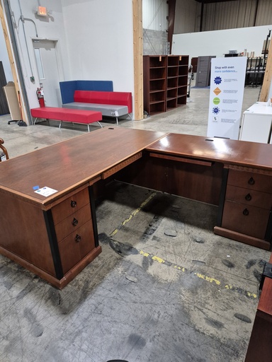 72x84" Kimball RH L Shape Desk, Cherry w/ Black Trim