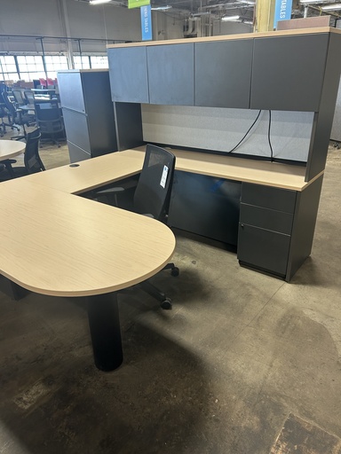 Steelcase Turnstone RH D-Top U Group w/Hutch 66"w x 85"d - Sgl Ped - Light Oak/Gray