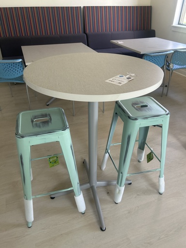 30" Round Breakroom Cafe Height Silver Legs White Pattern Top