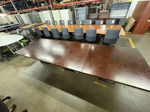 12' conference table, rectangle, walnut veneer, black grommets, square bases