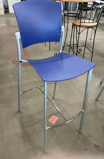 Blue plastic bar height stool with silver frame