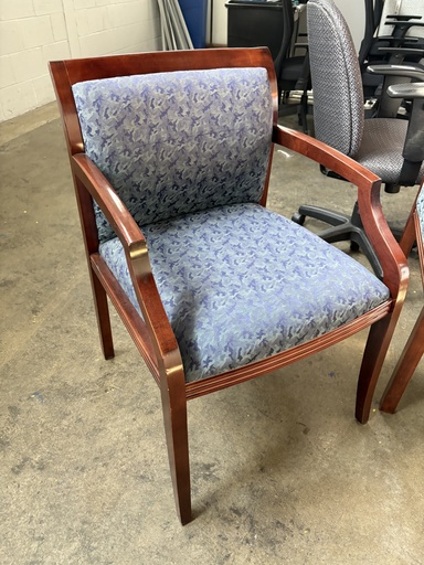 Side chair with arms (Guest), Mahogany wood frame, blue floral fabric