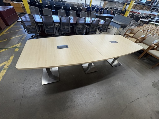 [po4108Simp3D] Artopex 10' boatshape conference table, maple laminate, blk grommets, polished alum. square bases