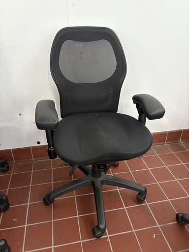 Black Task chair, mesh back, black fabric tractor seat, adjustable arms, black frame