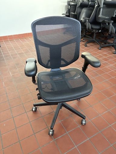 Black Task chair, mesh seat & back, adjustable arms, black frame