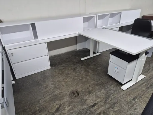 Steelcase L-Shaped Executive Workstation- LH – 59" Sit Stand Desk + 90" Credenza - White