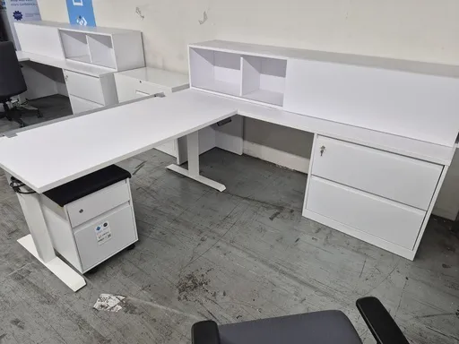 Steelcase L-Shaped Executive Workstation- RH – 59" Sit Stand Desk + 84" Credenza - White   