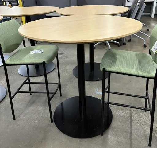 41"H Barheight Table, 42" Diameter, Maple laminate, knife edge, Black Disc base