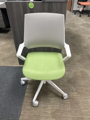 SOI Mavic Conference chair, white frame, grey mesh, green fabric seat, with fixed arms