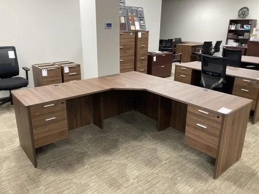 [UBDH71108P-3 WN] Euroline Corner desk Walnut w/2 returns dbl ped